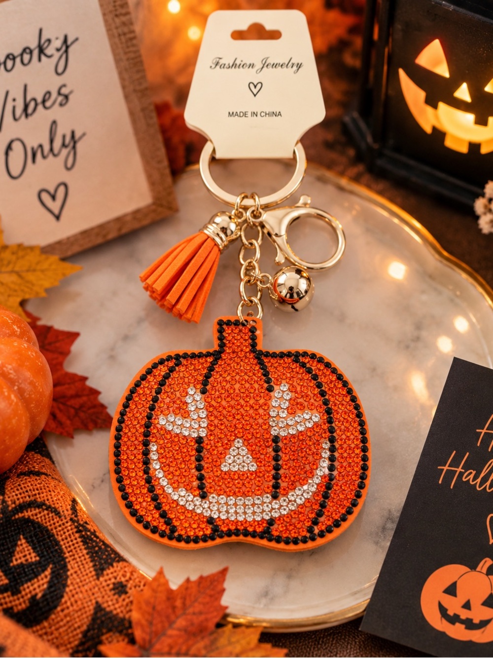 Fashion Jewelry Orange and Black Rhinestone Pumpkin Keychain with Tassel